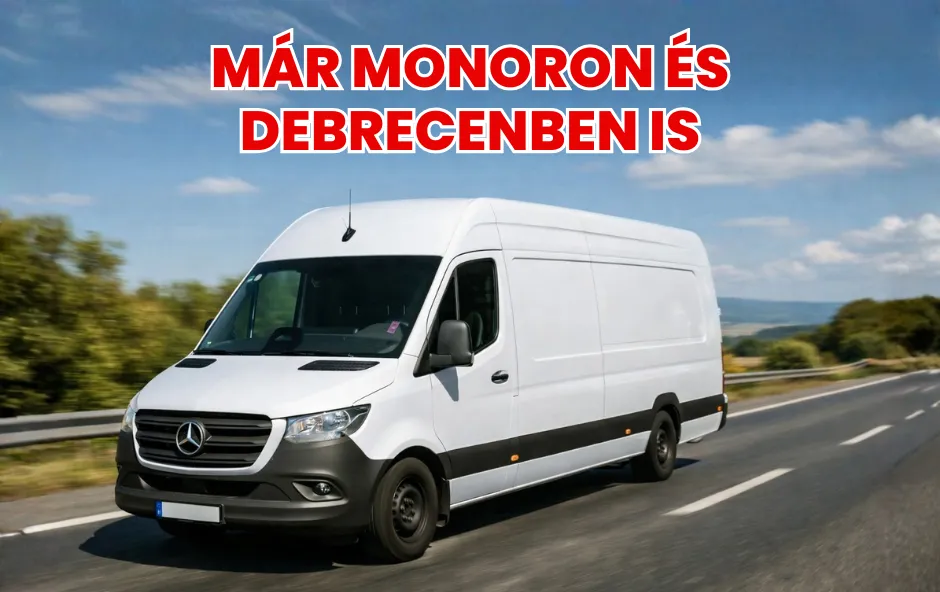 Mercedes Sprinter kisteherautó országúton, mozgás közben – teherautó bérlés Monoron és Debrecenben